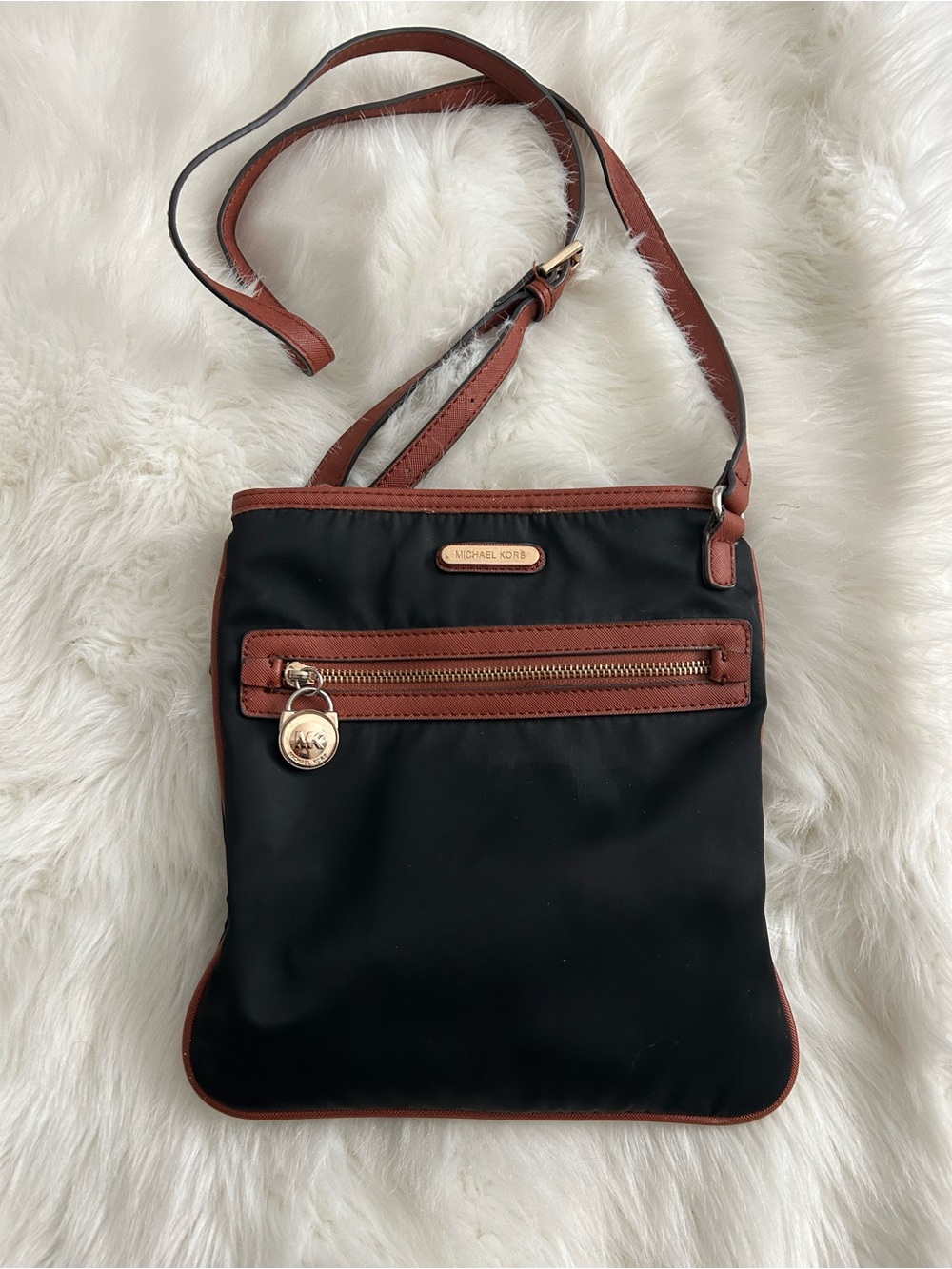 Michael Kors Black Crossbody with Brown Trim and Gold Hardware